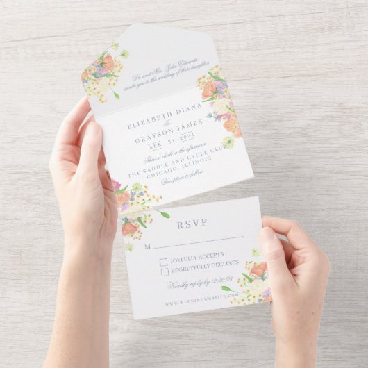 Waterverf Bloemen Tuin Party Crest Bruiloft All In One Uitnodiging (Afscheurbaar)