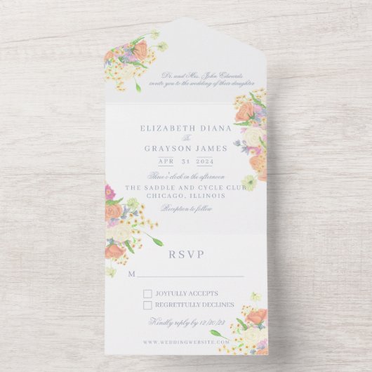 Waterverf Bloemen Tuin Party Crest Bruiloft All In One Uitnodiging (Binnen)