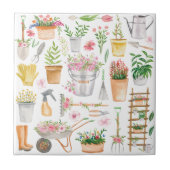 Waterverf Bloemen Tuinieren Tools Patroon Tegeltje (Voorkant)