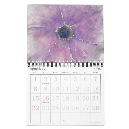 Waterverf bloemen Twee pagina 12-maands kalender (Feb 2026)
