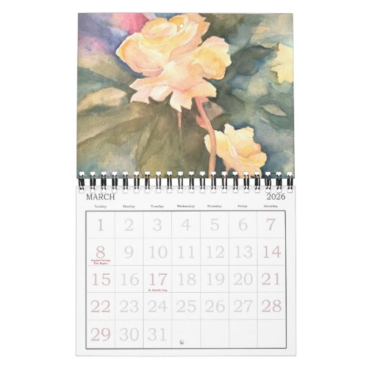 Waterverf bloemen Twee pagina 12-maands kalender (Mar 2026)