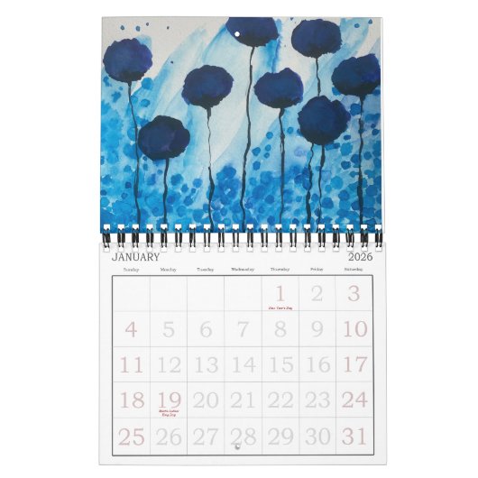 Waterverf bloemen Twee pagina 12-maands kalender (Jan 2026)