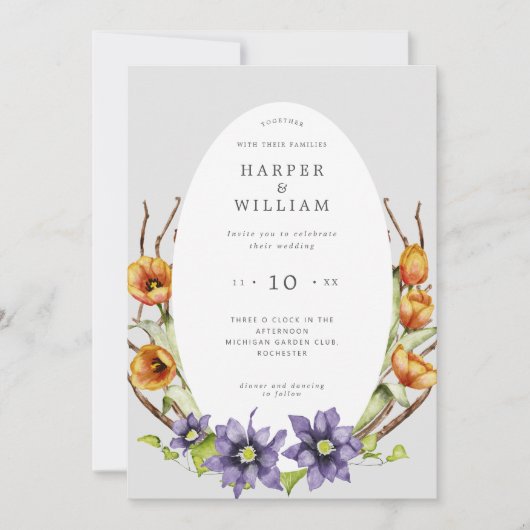 Waterverf bloemen twijgen ovaal bruiloft kaart (Voorkant)