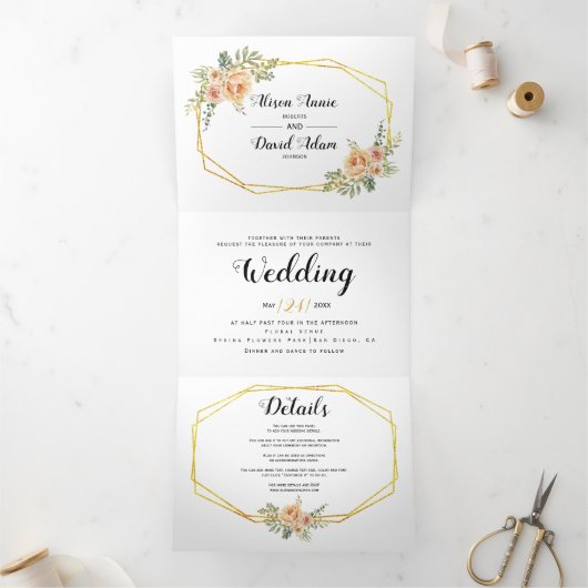 Waterverf bloemen, typografie bloemenbruiloft drieluik uitnodiging (Binnen)