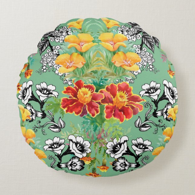 Waterverf bloemen van zomertuinbloemen naadloos rond kussen (Voorkant)