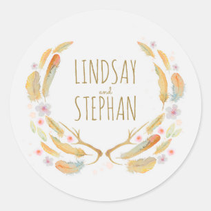 Waterverf Bloemen Veren Antlers Rustieke bruiloft Ronde Sticker
