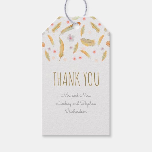 Waterverf Bloemen Veren Boho Bruiloft Cadeaulabel (Voorkant)