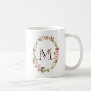 Waterverf Bloemen & Veren Boho Krans Monogram Koffiemok