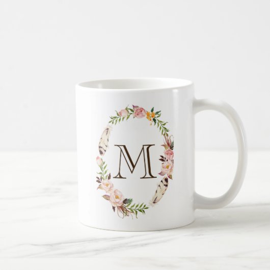 Waterverf Bloemen & Veren Boho Krans Monogram Koffiemok (Rechts)
