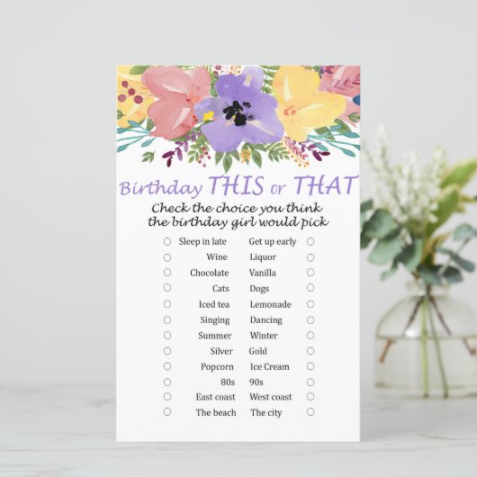 Waterverf bloemen Verjaardag dit of dat spel (Staand voorkant)