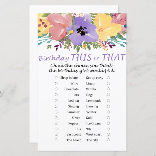 Waterverf bloemen Verjaardag dit of dat spel (Voorkant / Achterkant)