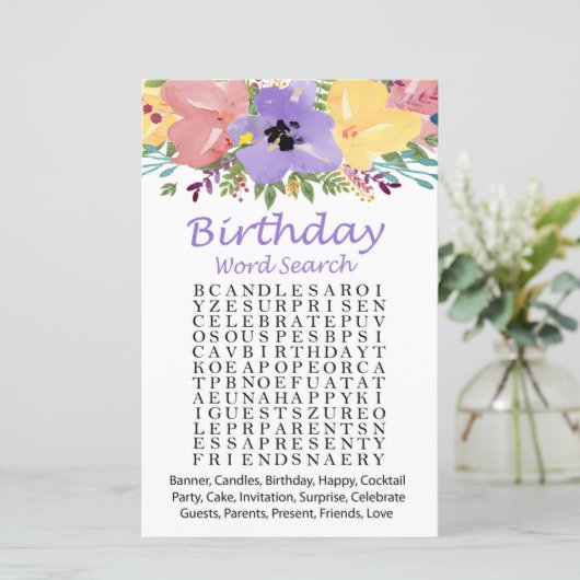 Waterverf bloemen Verjaardagenzoekspel (Staand voorkant)