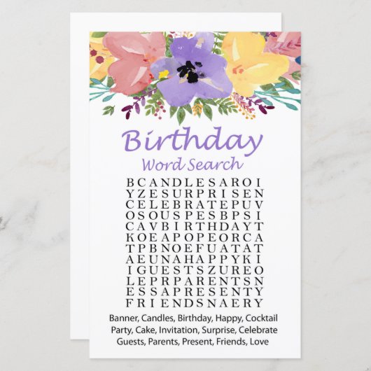 Waterverf bloemen Verjaardagenzoekspel (Voorkant / Achterkant)