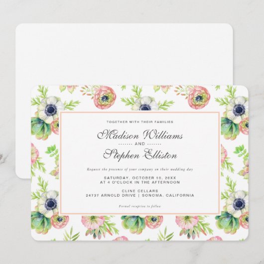 Waterverf Bloemen & vetplanten - Bruiloft Kaart (Voorkant / Achterkant)