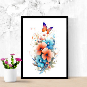 Waterverf Bloemen Vlinders Blauw Oranje Poster
