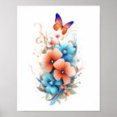 Waterverf Bloemen Vlinders Blauw Sinaasappel Poster (Voorkant)