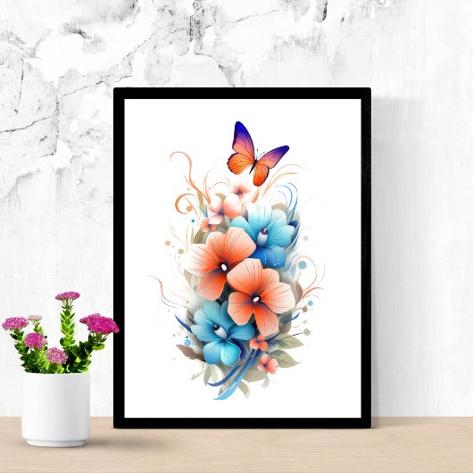 Waterverf Bloemen Vlinders Blauw Sinaasappel Poster