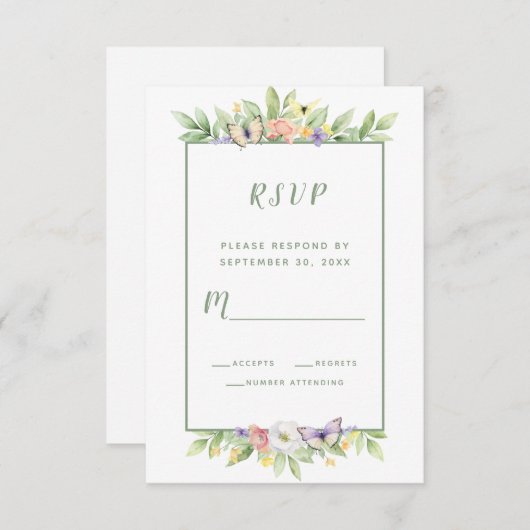 Waterverf Bloemen Vlinders Bruiloft Enclosure RSVP Kaartje (Voorkant / Achterkant)