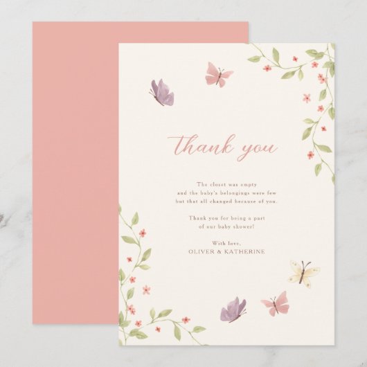 Waterverf Bloemen & Vlinders Meisje Baby shower Bedankkaart (Voorkant / Achterkant)