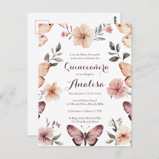 Waterverf Bloemen Vlinders Quinceañera CUSTOM Briefkaart (Voorkant / Achterkant)
