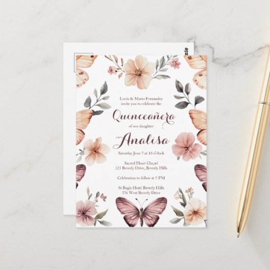 Waterverf Bloemen Vlinders Quinceañera CUSTOM Briefkaart (Voorkant / Achterkant in situ)