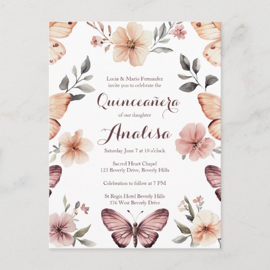 Waterverf Bloemen Vlinders Quinceañera CUSTOM Briefkaart (Voorkant)