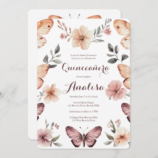 Waterverf Bloemen Vlinders Quinceañera CUSTOM Kaart (Voorkant / Achterkant)