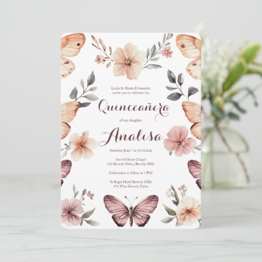 Waterverf Bloemen Vlinders Quinceañera CUSTOM Kaart (Staand voorkant)