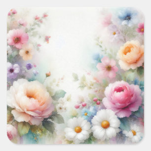 Waterverf Bloemen Voeg Uw Tekst Toe Lege Sjabloon Vierkante Sticker