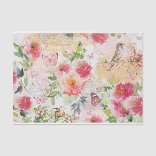 Waterverf bloemen, Vogels, Vlinders Collage Tissuepapier (Voorkant)