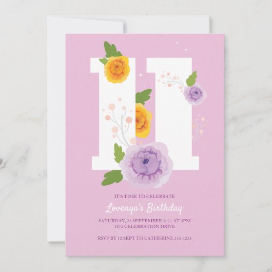 Waterverf Bloemen Voorjaar 11e Verjaardagsfeest Save The Date (Voorkant)