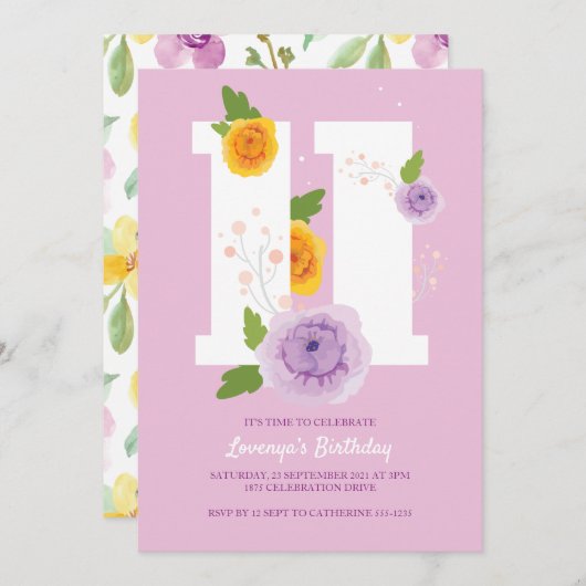 Waterverf Bloemen Voorjaar 11e Verjaardagsfeest Save The Date (Voorkant / Achterkant)