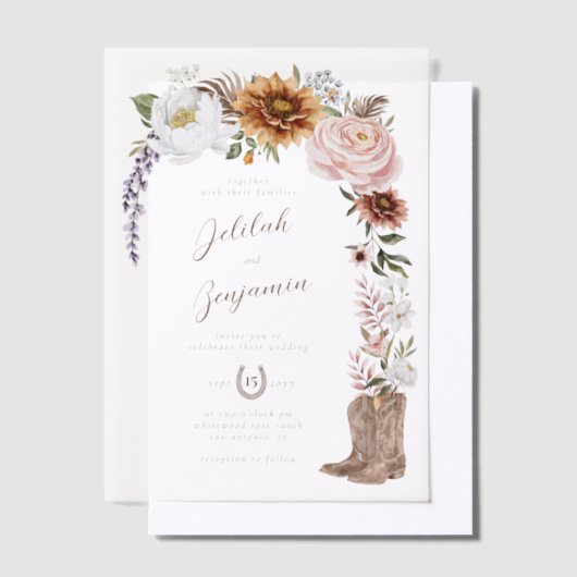 Waterverf Bloemen Western Cowboy Boots Bruiloft Vellum Uitnodigingen (Offset)