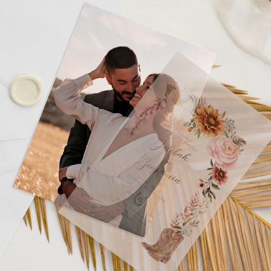 Waterverf Bloemen Western Cowboy Boots Bruiloft Vellum Uitnodigingen