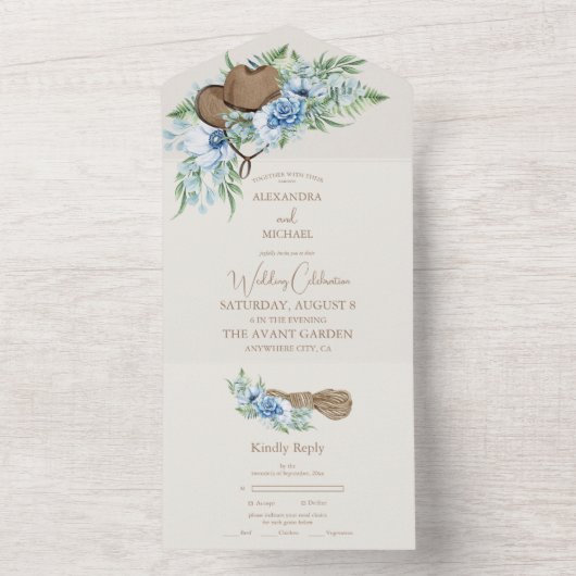 Waterverf Bloemen Western Cowboy Pet Bruiloft All In One Uitnodiging (Binnen)