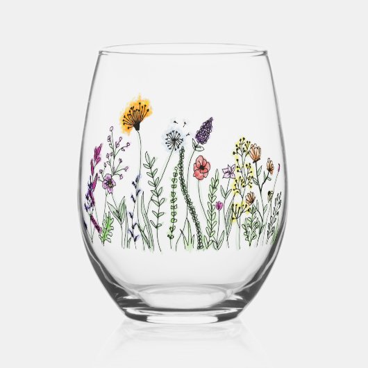 Waterverf bloemen wijnglas zonder voet (Voorkant)