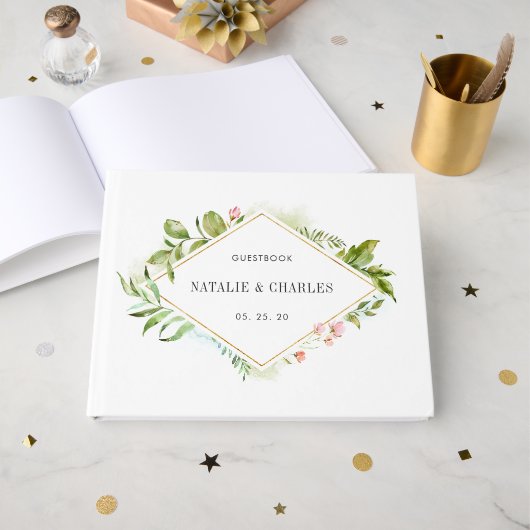 Waterverf Bloemen Wild Groen Bladgroen Bruiloft Gastenboek (Voorkant open)