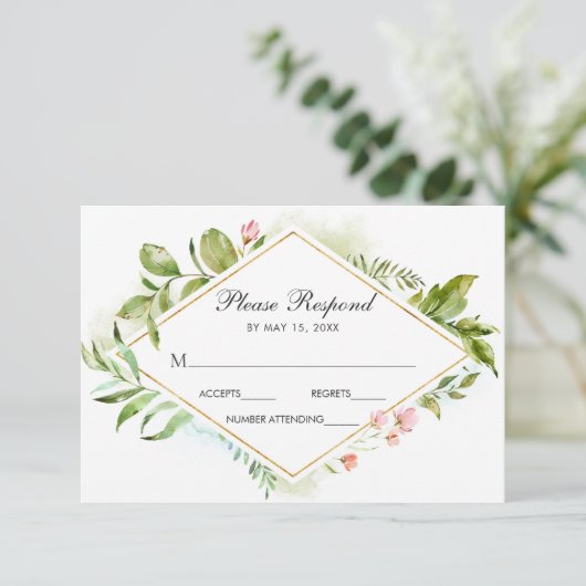 Waterverf Bloemen Wild Groen Bladgroen Bruiloft RS RSVP Kaartje (Staand voorkant)