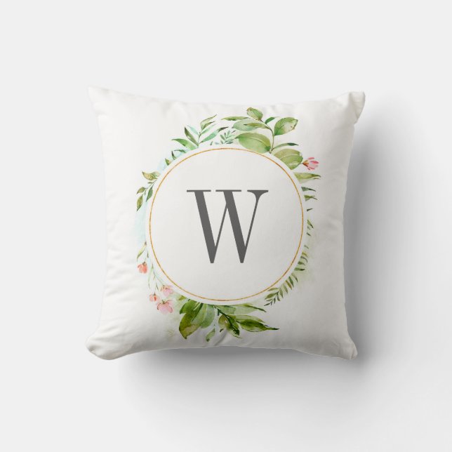 Waterverf Bloemen Wilde Groene Bladgroen Monogram Kussen (Voorkant)