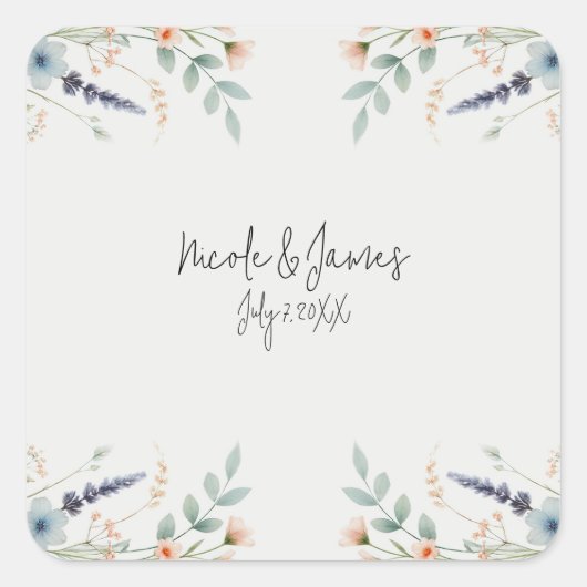 Waterverf Bloemen Wildflower Spring Bruids bruilof Vierkante Sticker (Voorkant)