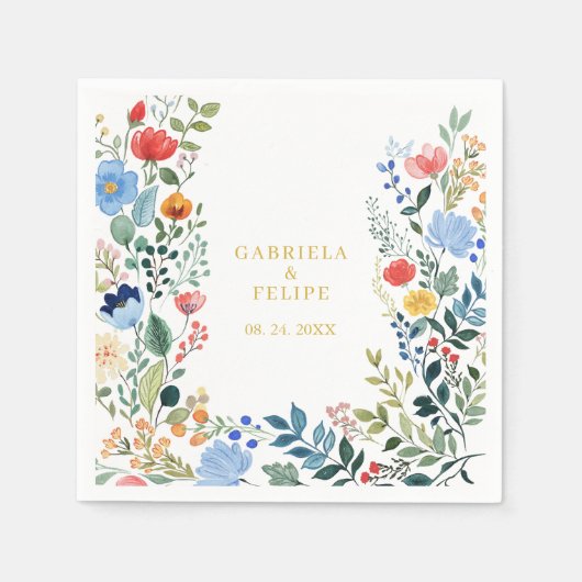 Waterverf Bloemen Wildflowers Gold Boho Wedding Servet (Voorkant)