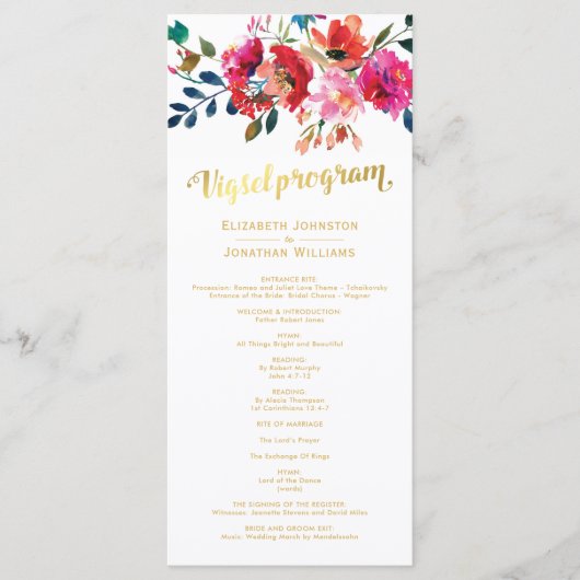 Waterverf Bloemen Wit Gouden Trouwprogramma Programmakaart (Voorkant)