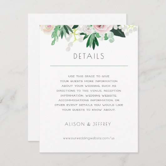 Waterverf Bloemen Wit Groen Bruiloft details Kaart (Voorkant / Achterkant)