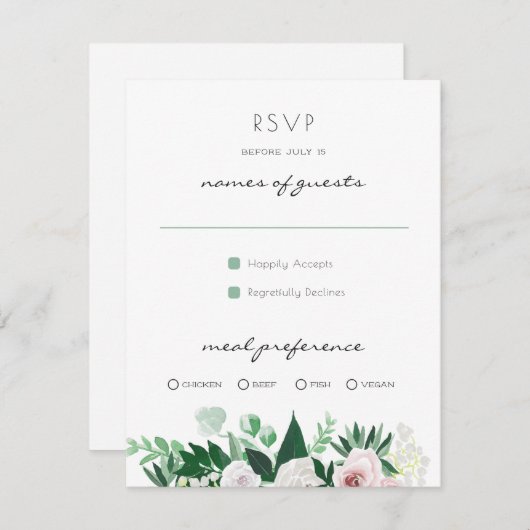 Waterverf Bloemen Wit Groen Bruiloft RSVP (Voorkant / Achterkant)
