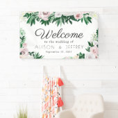 Waterverf Bloemen Wit Groen Bruiloft Welkom Spandoek (Insitu)