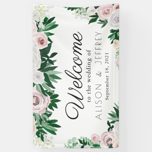 Waterverf Bloemen Wit Groen Bruiloft Welkom Spandoek (Verticaal)