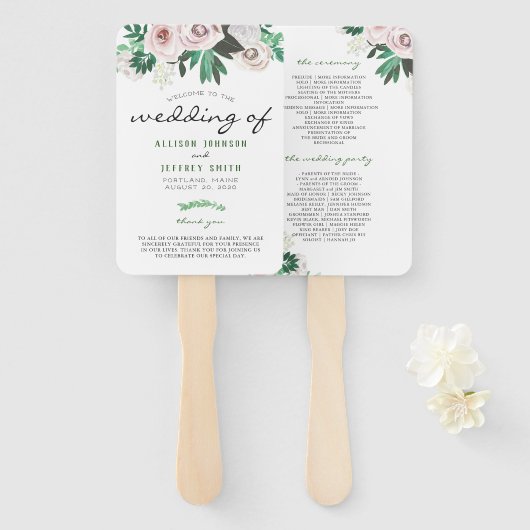 Waterverf Bloemen Wit Groen Huwelijksprogramma Handwaaier (Voorkant en achterkant)