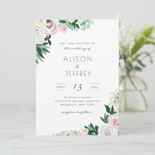 Waterverf Bloemen Wit Groen Roze Bruiloft Kaart (Staand voorkant)