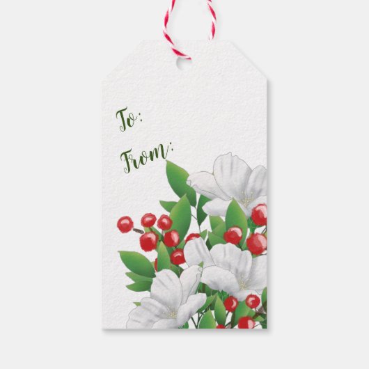 Waterverf Bloemen Wit Rood Groen Vrolijk Kerstfees Cadeaulabel (Achterkant)