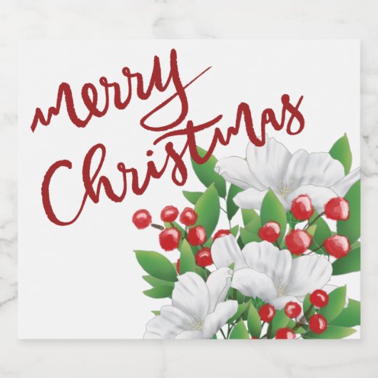 Waterverf Bloemen Wit Rood Groen Vrolijk Kerstfees Sparkling Wijnetiket (Enkel label)